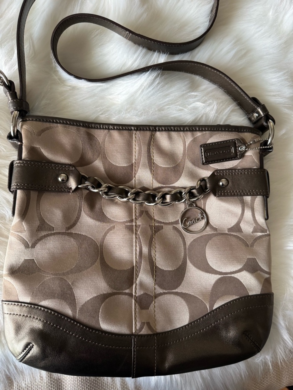 Coach Tan and Brown Signature Shoulder Bag with Chain Accent